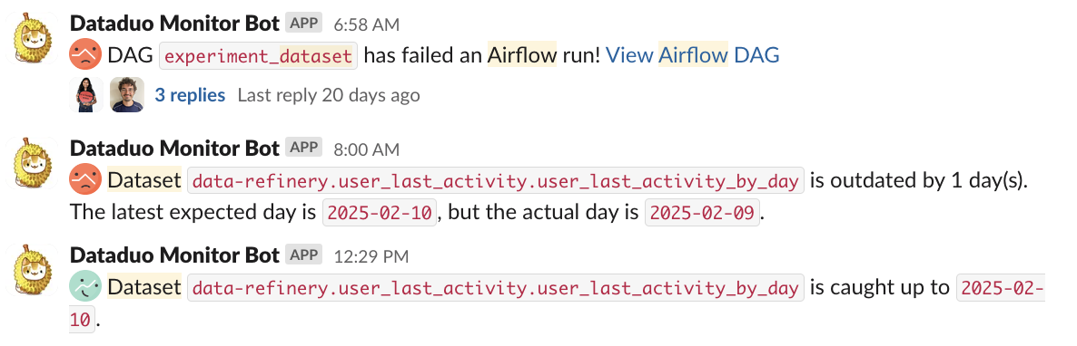 A series of automated Slack messages, including messages that a job has failed, that a table is out of date, and that the table has then caught up.